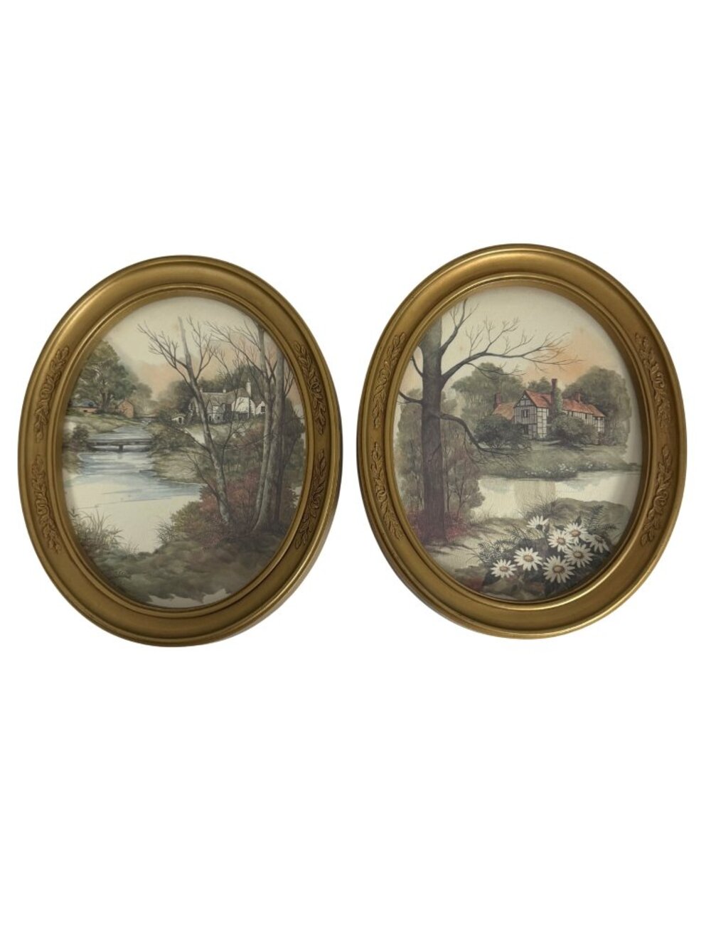 Vintage HOMCO Gold Toned Oval Frames Pair Countryside Themed Prints MADE IN USA